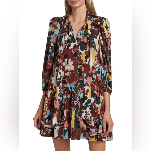 Tanya Taylor Rosalind Silk Blend Fall Dress in Deep Brandy Multi - Size Medium - Picture 1 of 9